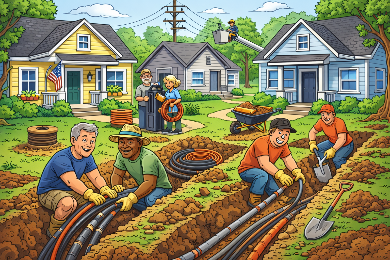 Workers installing underground utility cables in trenches near houses.